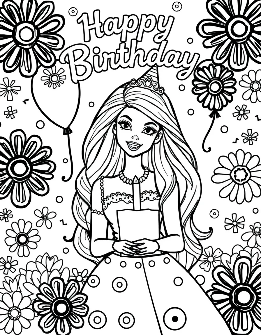 Barbie celebrating a birthday, with playful patterns around.