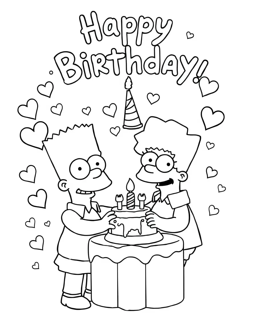 Simpsons celebrating a birthday, with hearts and sparkles around.