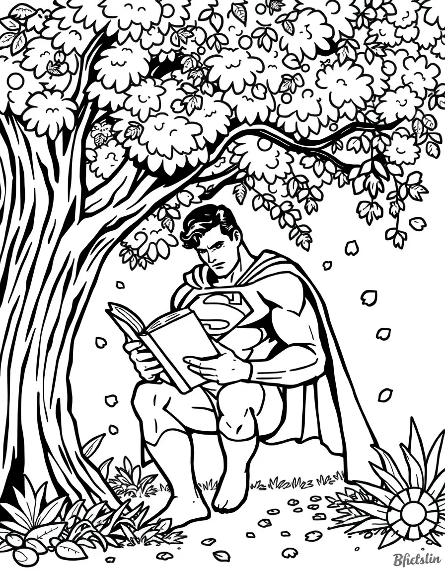 Superman reading a book under a tree, with playful patterns around.