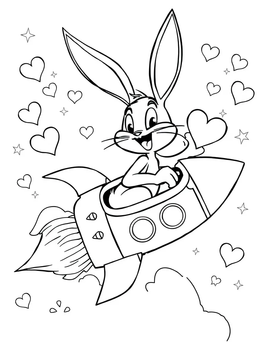 Bugs Bunny exploring space in a rocket, with hearts and sparkles around.