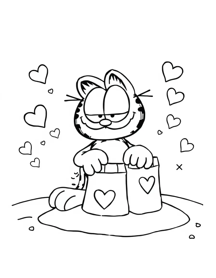 Garfield building a sandcastle, with hearts and sparkles around.