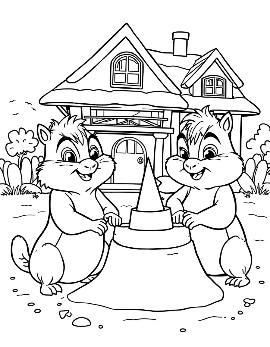 Alvin and the Chipmunks building a sandcastle, in front of their famous house or scene.