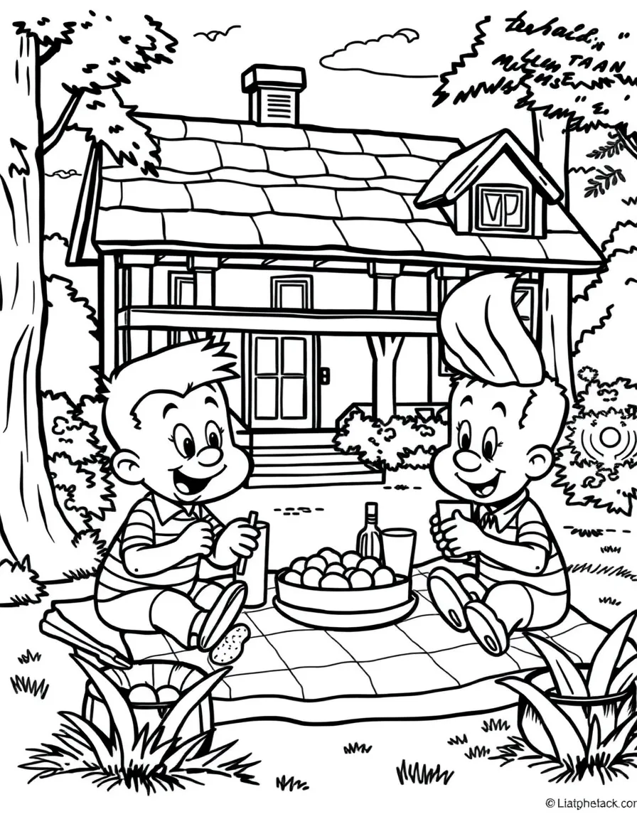 Ed, Edd n Eddy having a picnic, in front of their famous house or scene.