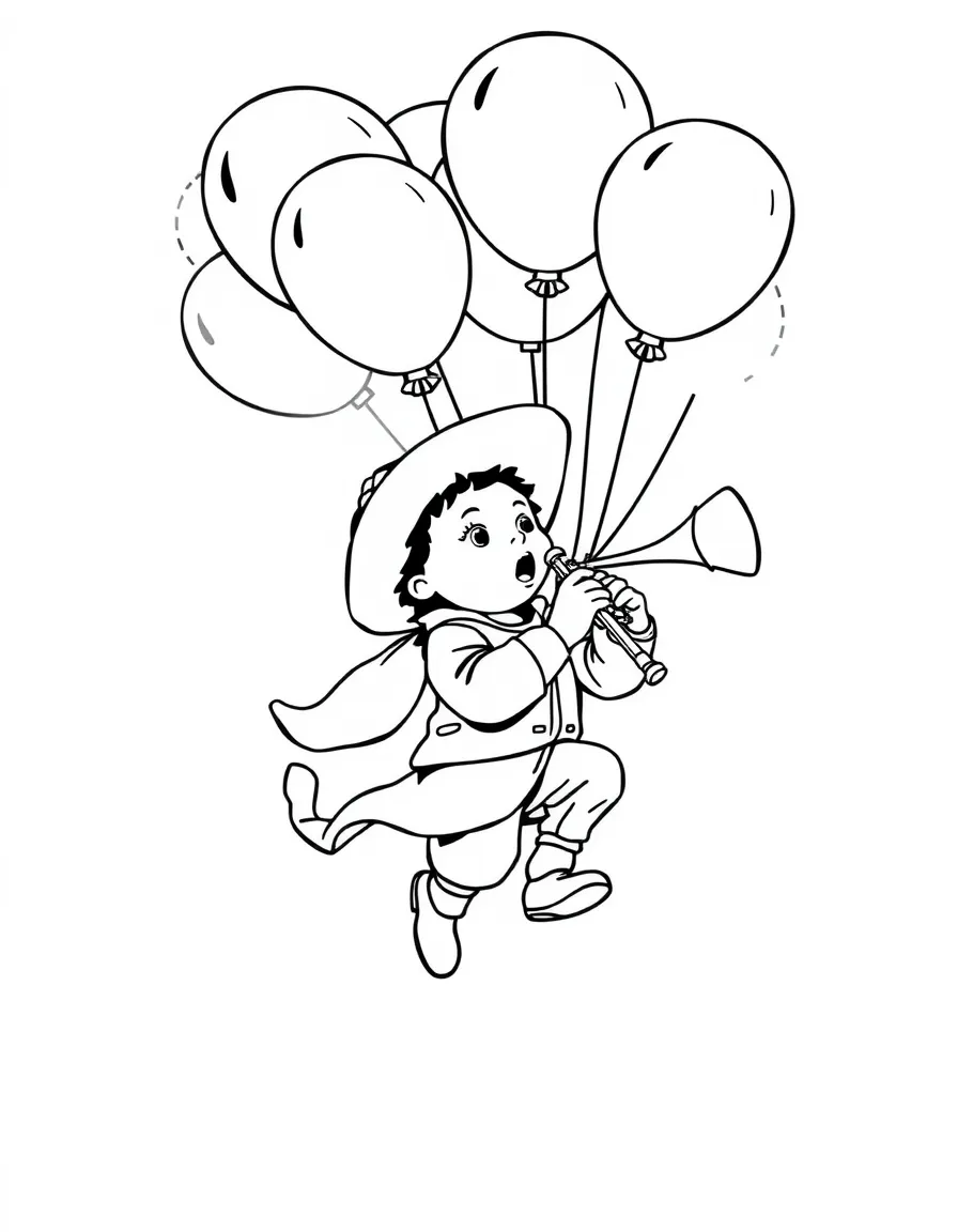 Piccolo flying with balloons, with big bold outlines for easy coloring.