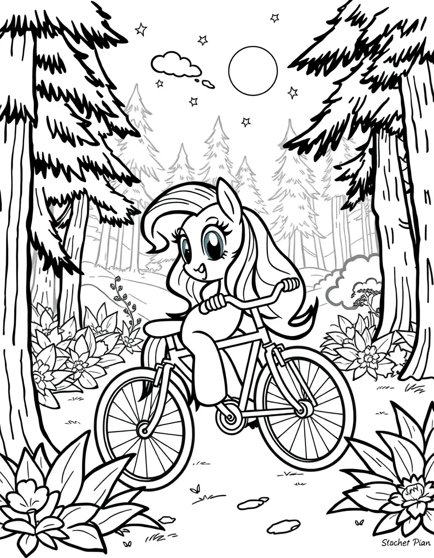 My Little Pony riding a bicycle, in a magical forest setting.