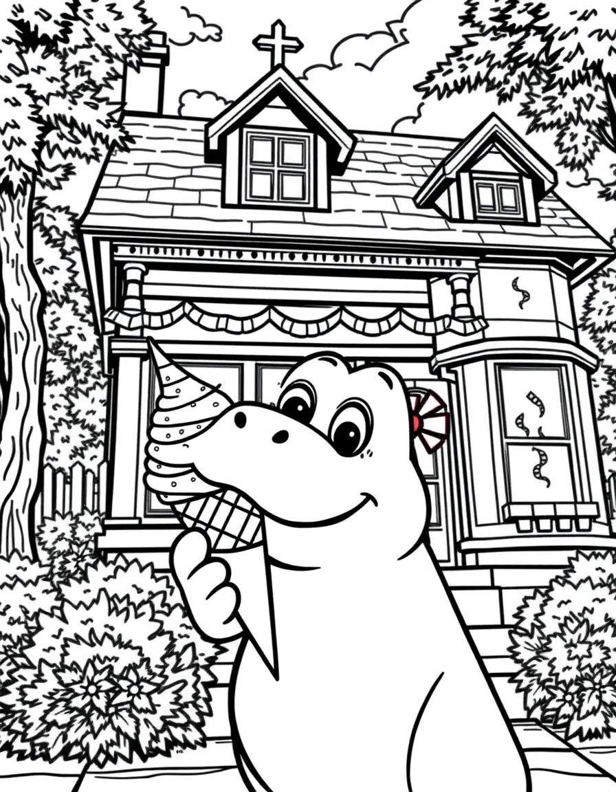 Chowder enjoying an ice cream cone, in front of their famous house or scene.