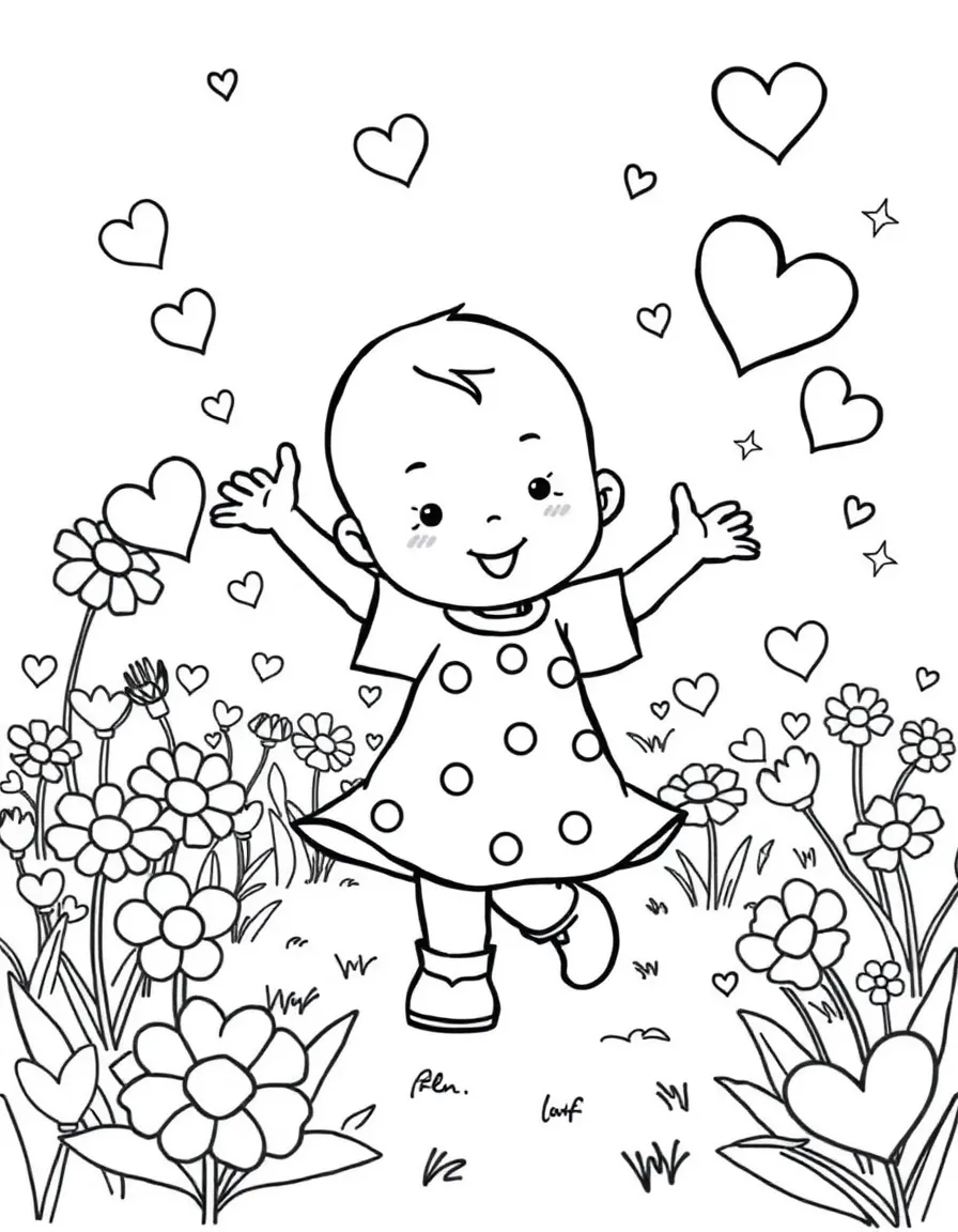 Caillou dancing in a field of flowers, with hearts and sparkles around.
