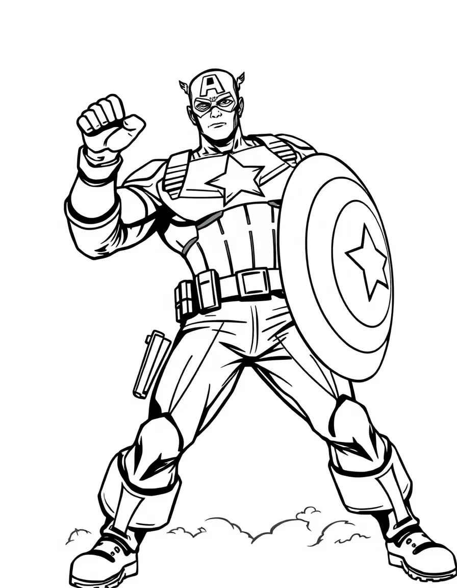 Captain America posing heroically, with big bold outlines for easy coloring.