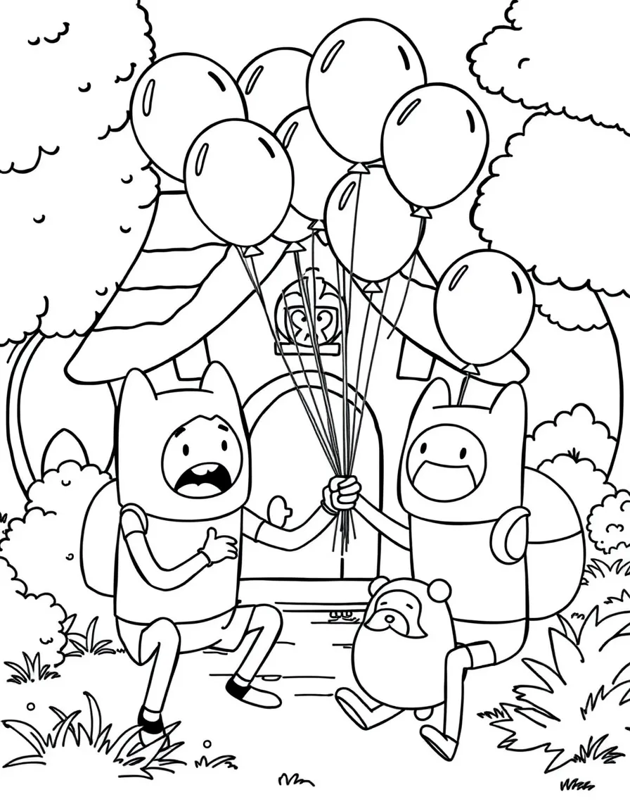 Adventure Time playing with balloons, in front of their famous house or scene.