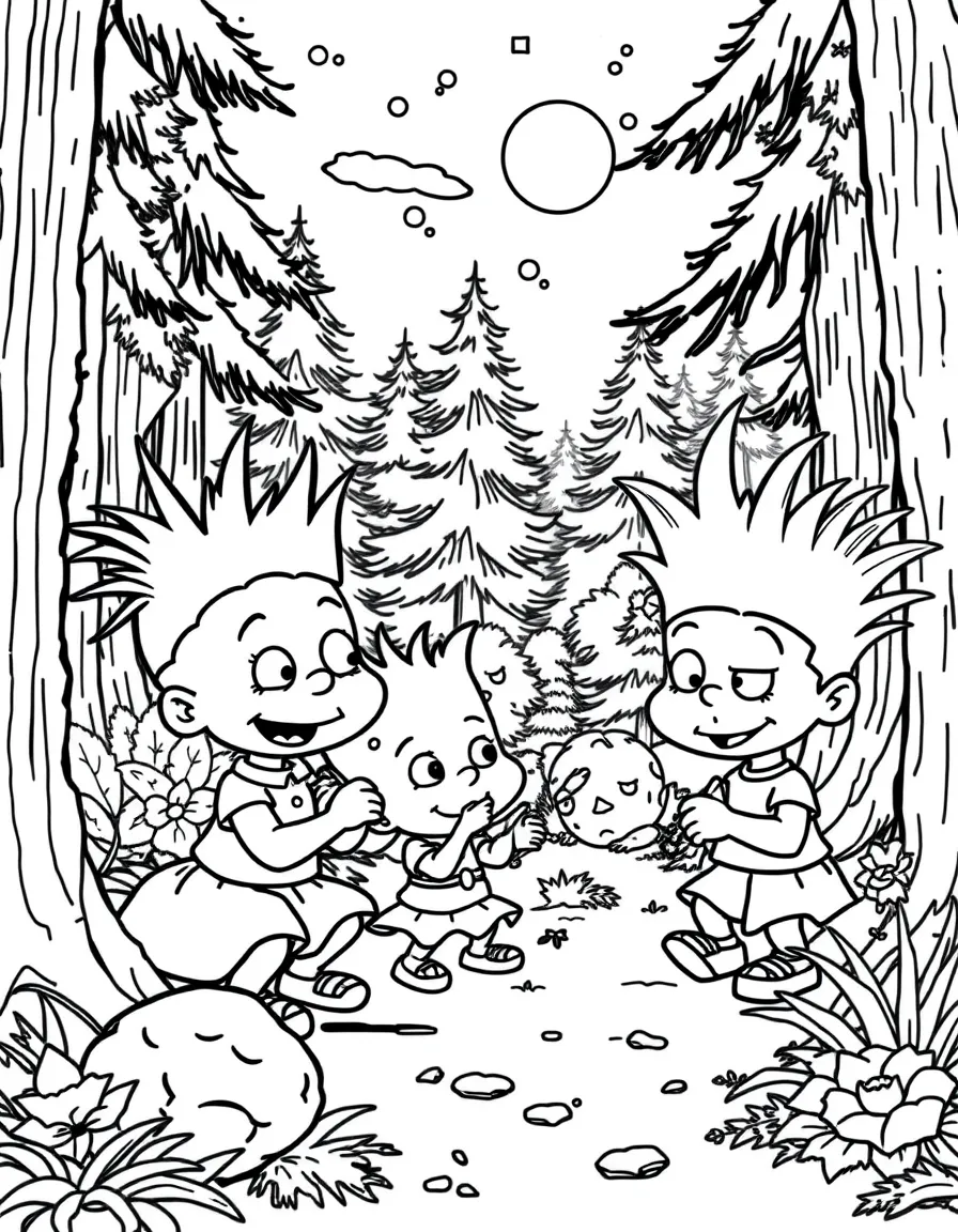 Rugrats painting a picture, in a magical forest setting.
