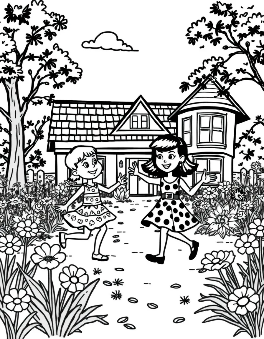 The Loud House dancing in a field of flowers, in front of their famous house or scene.