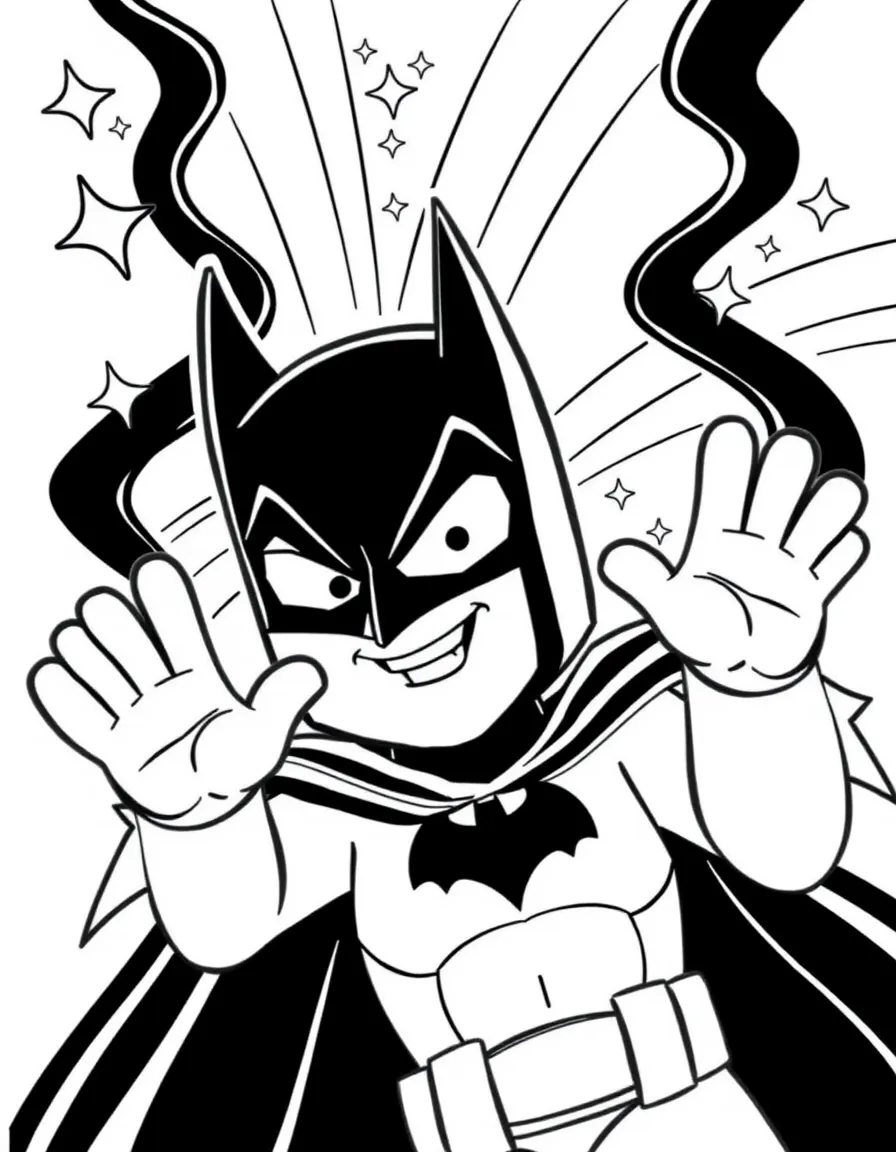 Batman: The Animated Series waving hello, with stars and rainbows in the background.
