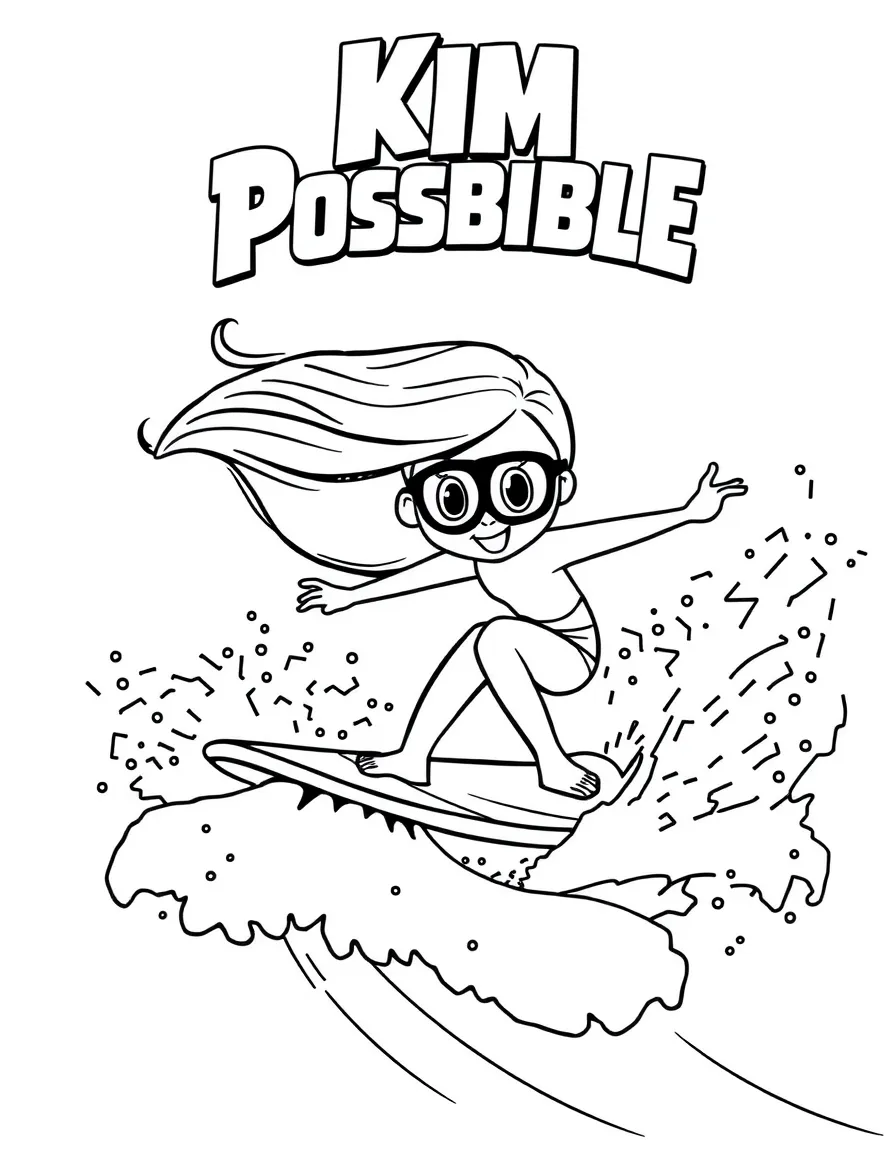 Kim Possible surfing on waves, with big bold outlines for easy coloring.