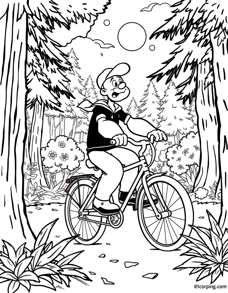 Popeye riding a bicycle, in a magical forest setting.