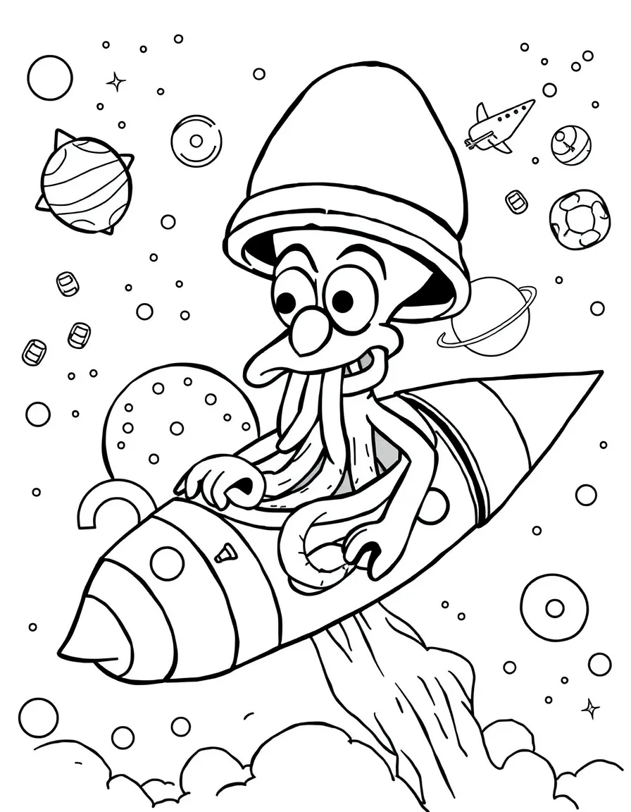 Squidward Tentacles exploring space in a rocket, with fun background elements.