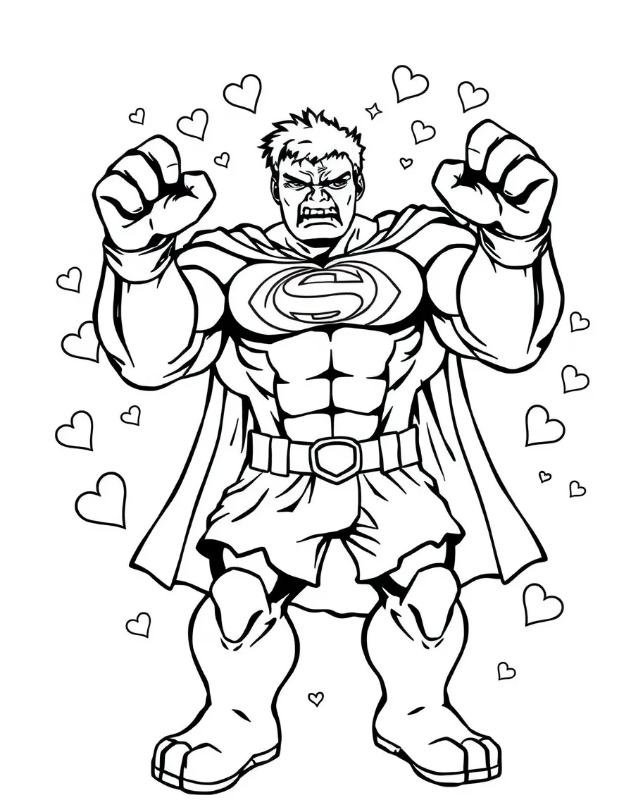 Hulk wearing a superhero costume, with hearts and sparkles around.