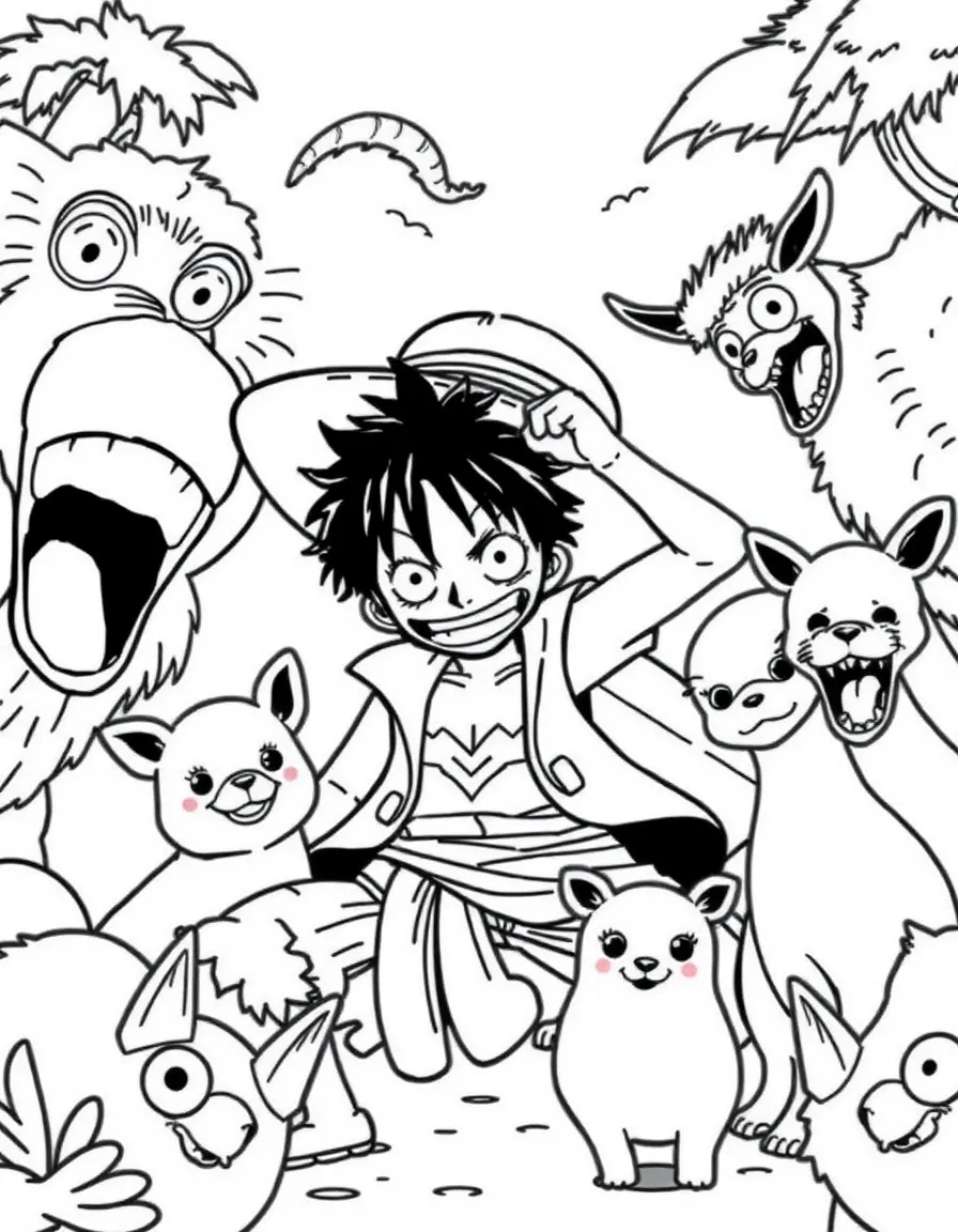 Luffy posing heroically, surrounded by friendly animals.