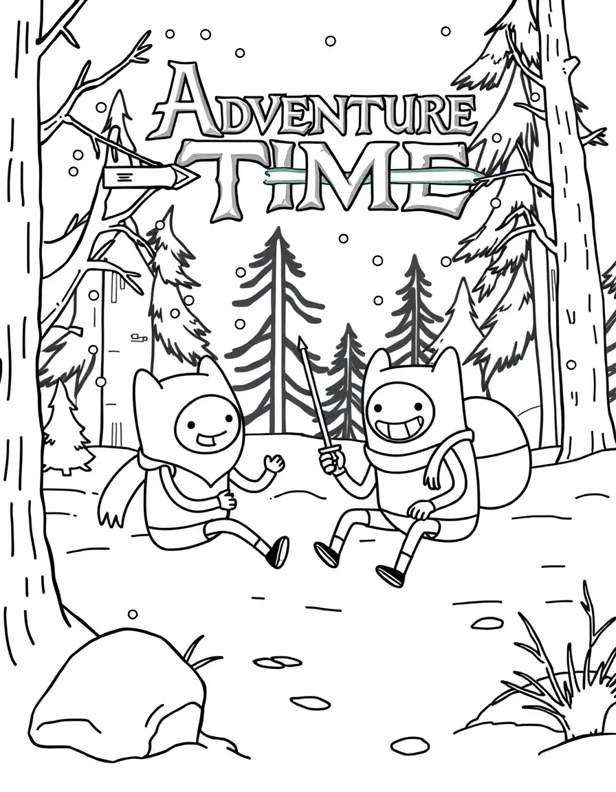 Adventure Time playing in the snow, with big bold outlines for easy coloring.