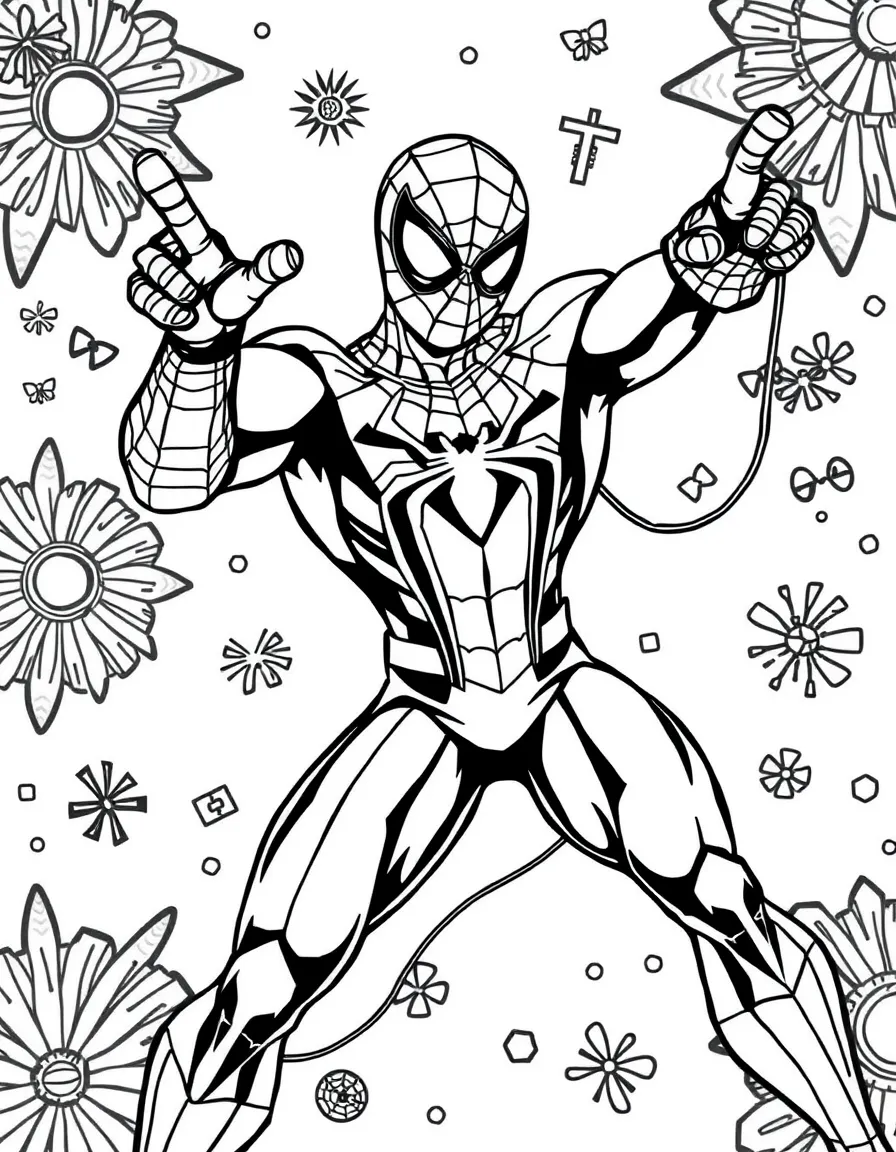 Spider-Man posing heroically, with playful patterns around.