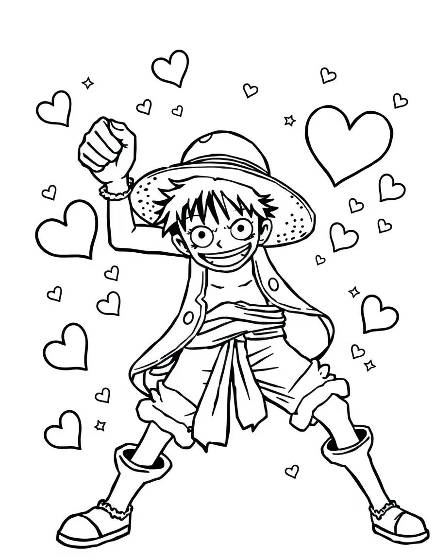 One Piece posing heroically, with hearts and sparkles around.
