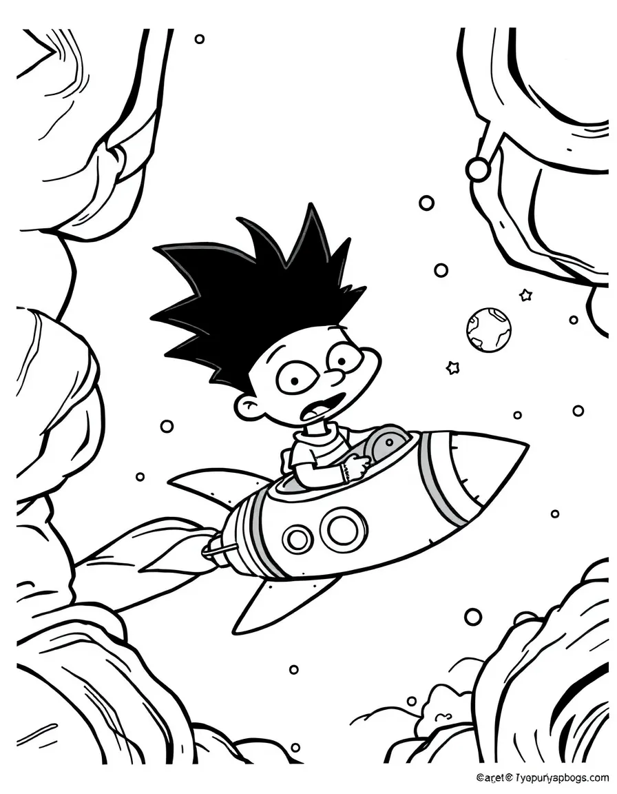 Hey Arnold! exploring space in a rocket, inside a comic book frame.