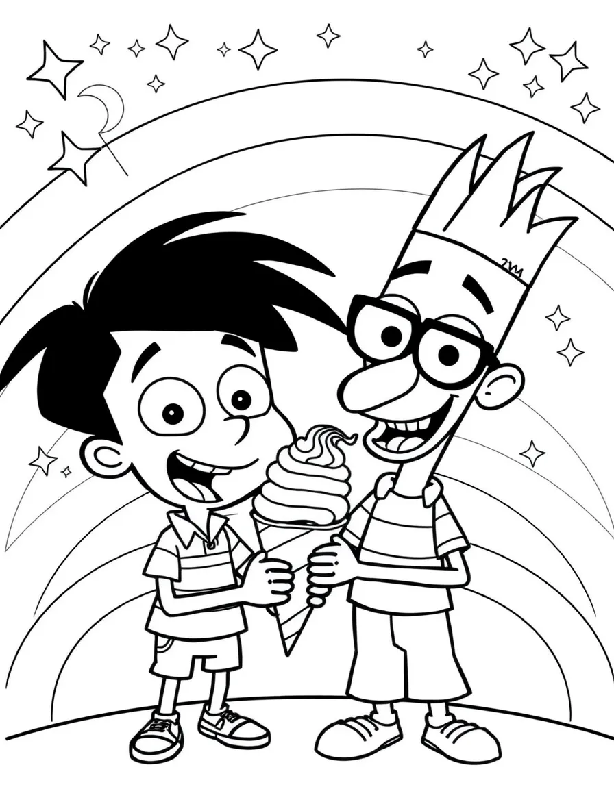 Phineas and Ferb enjoying an ice cream cone, with stars and rainbows in the background.