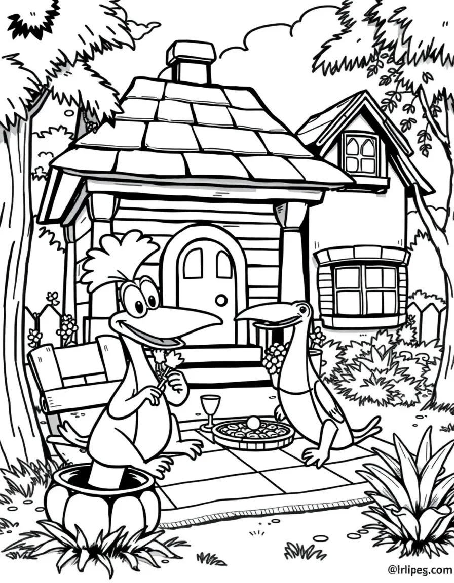 Perry the Platypus having a picnic, in front of their famous house or scene.