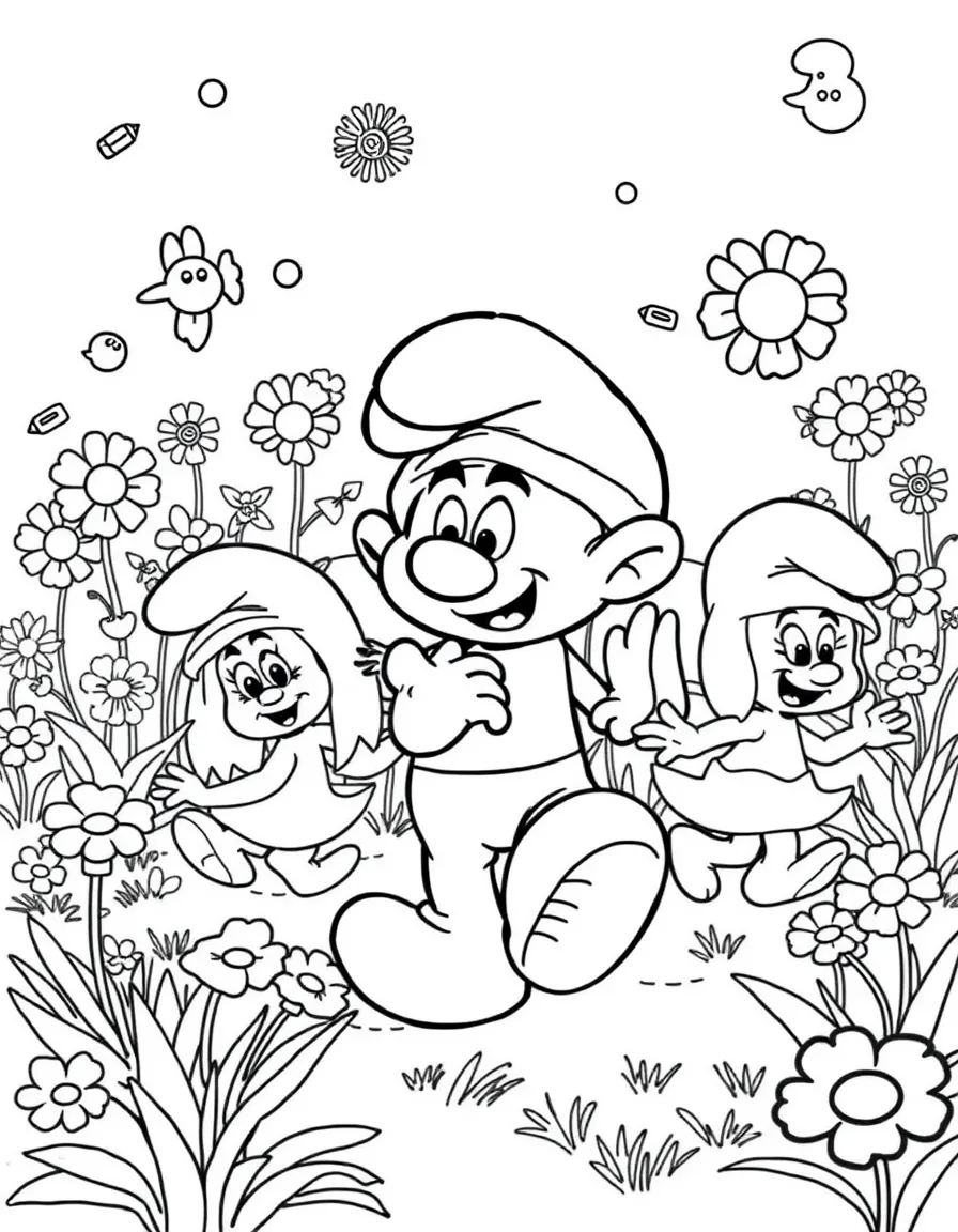 The Smurfs dancing in a field of flowers, with fun background elements.