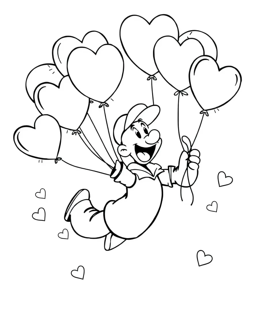 Popeye flying with balloons, with hearts and sparkles around.