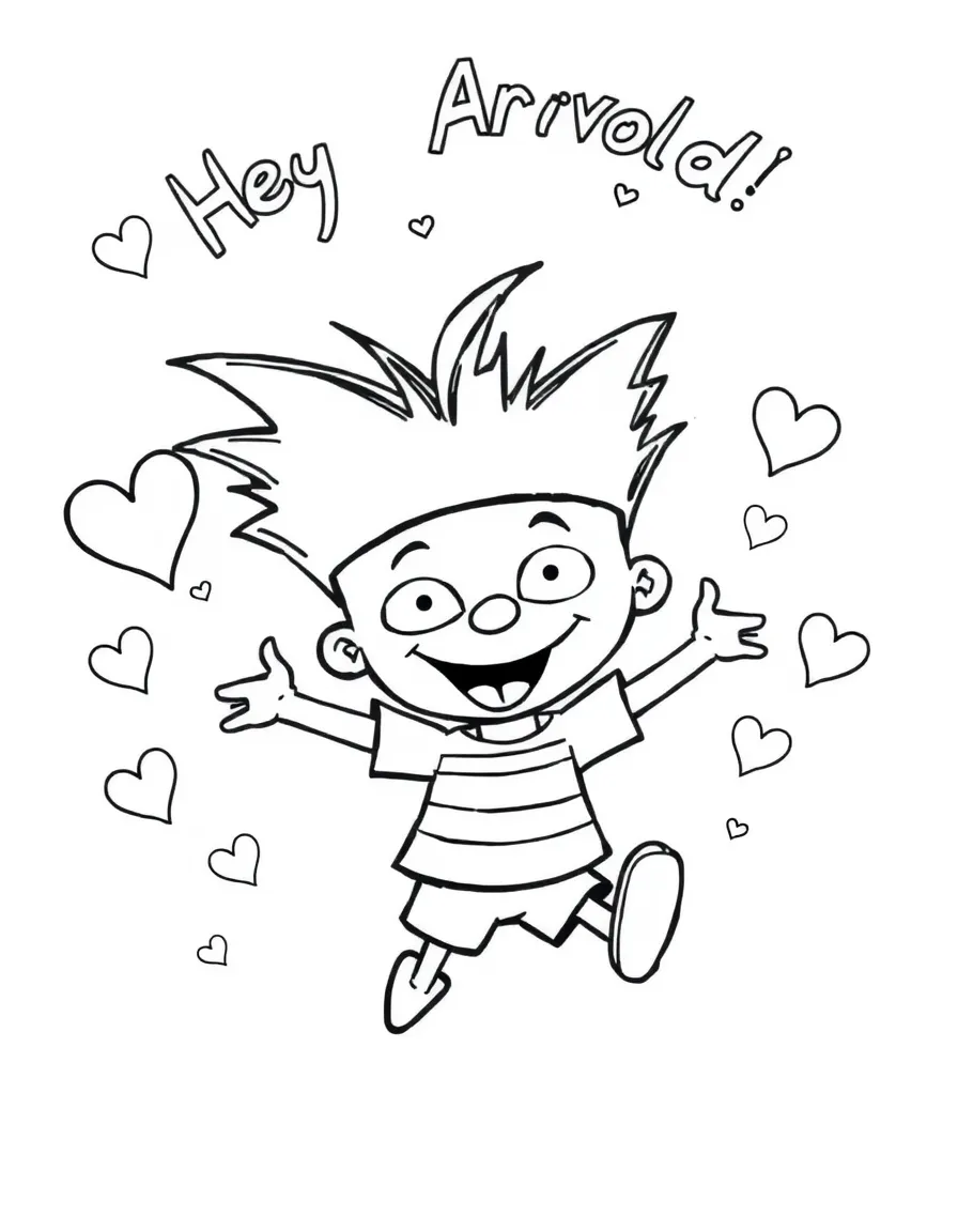 Hey Arnold! jumping with joy, with hearts and sparkles around.