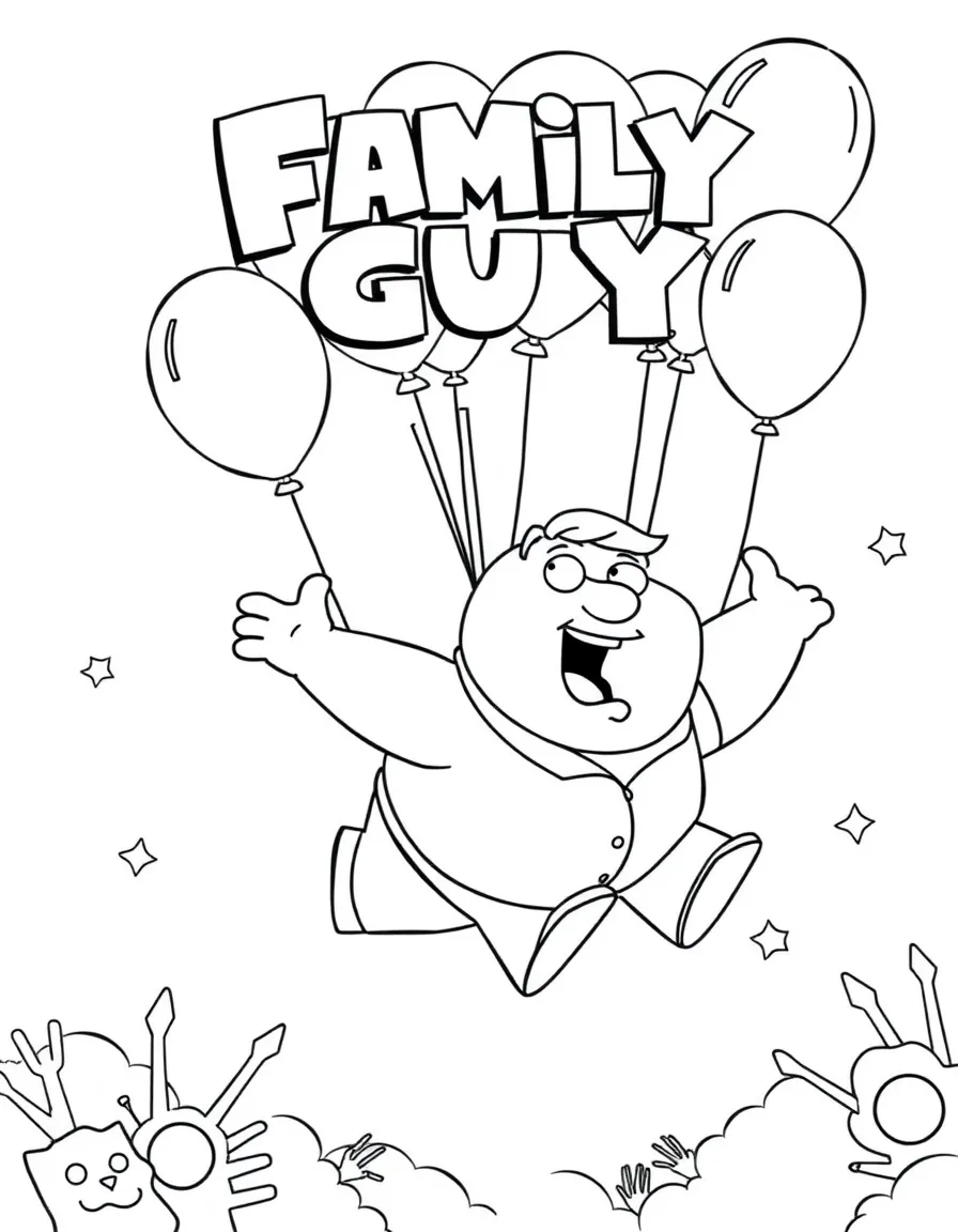 Family Guy flying with balloons, with fun background elements.