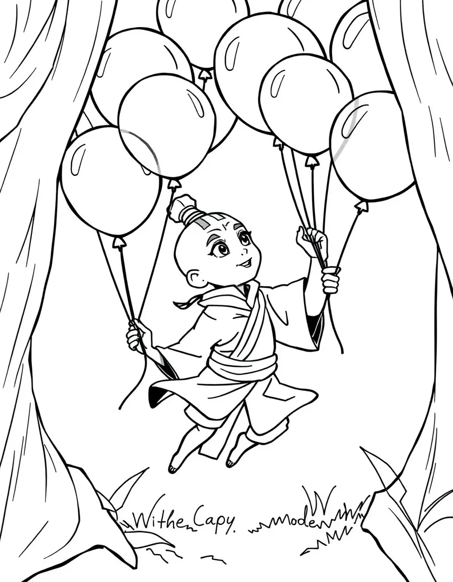 Avatar: The Last Airbender playing with balloons, inside a comic book frame.