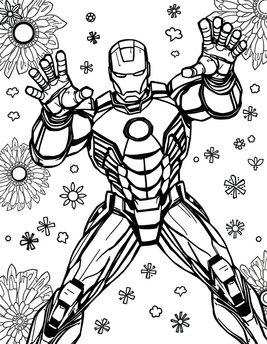 Iron Man posing heroically, with playful patterns around.