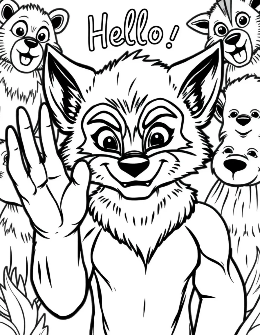 Wolverine waving hello, surrounded by friendly animals.