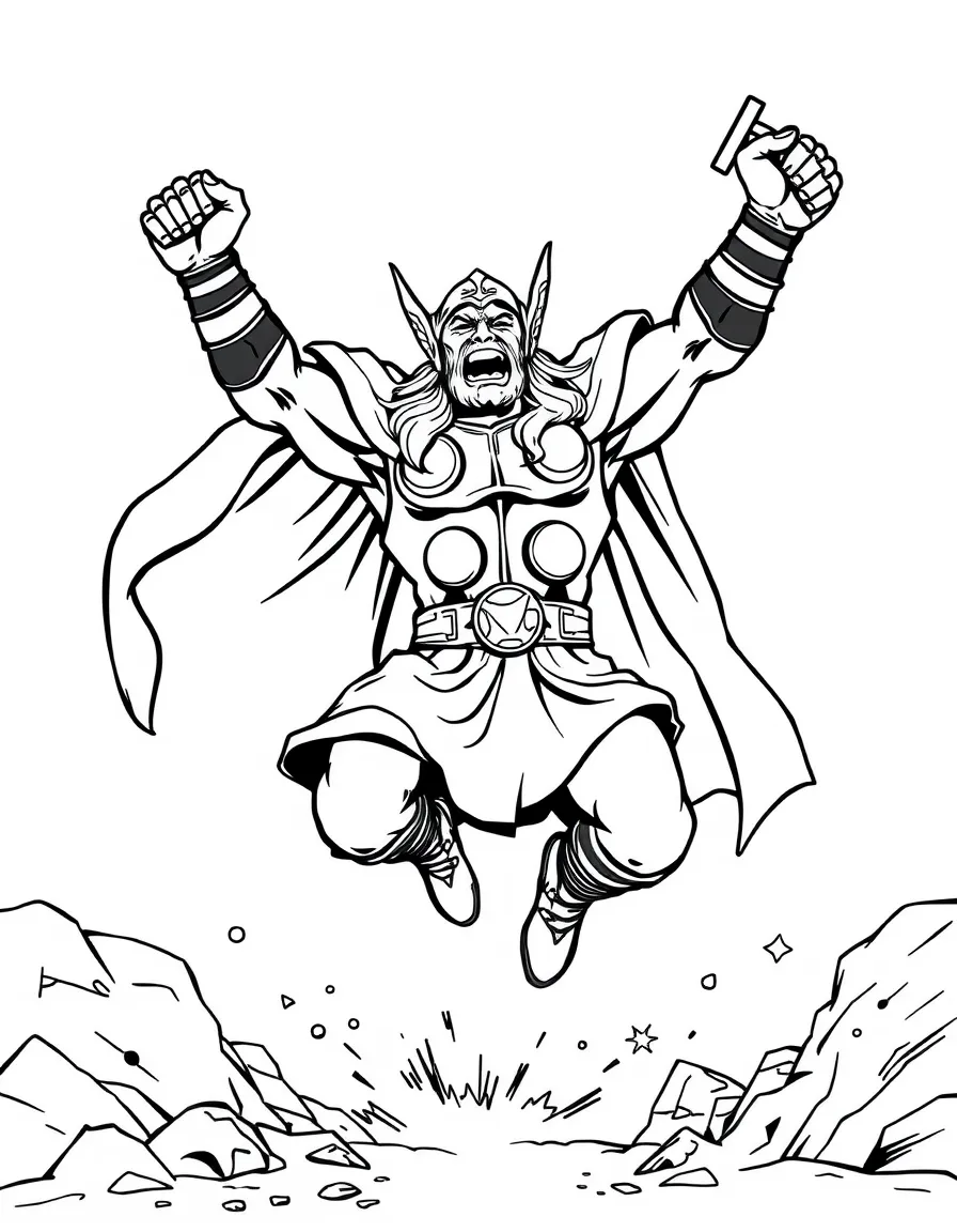 Thor jumping with joy, with big bold outlines for easy coloring.