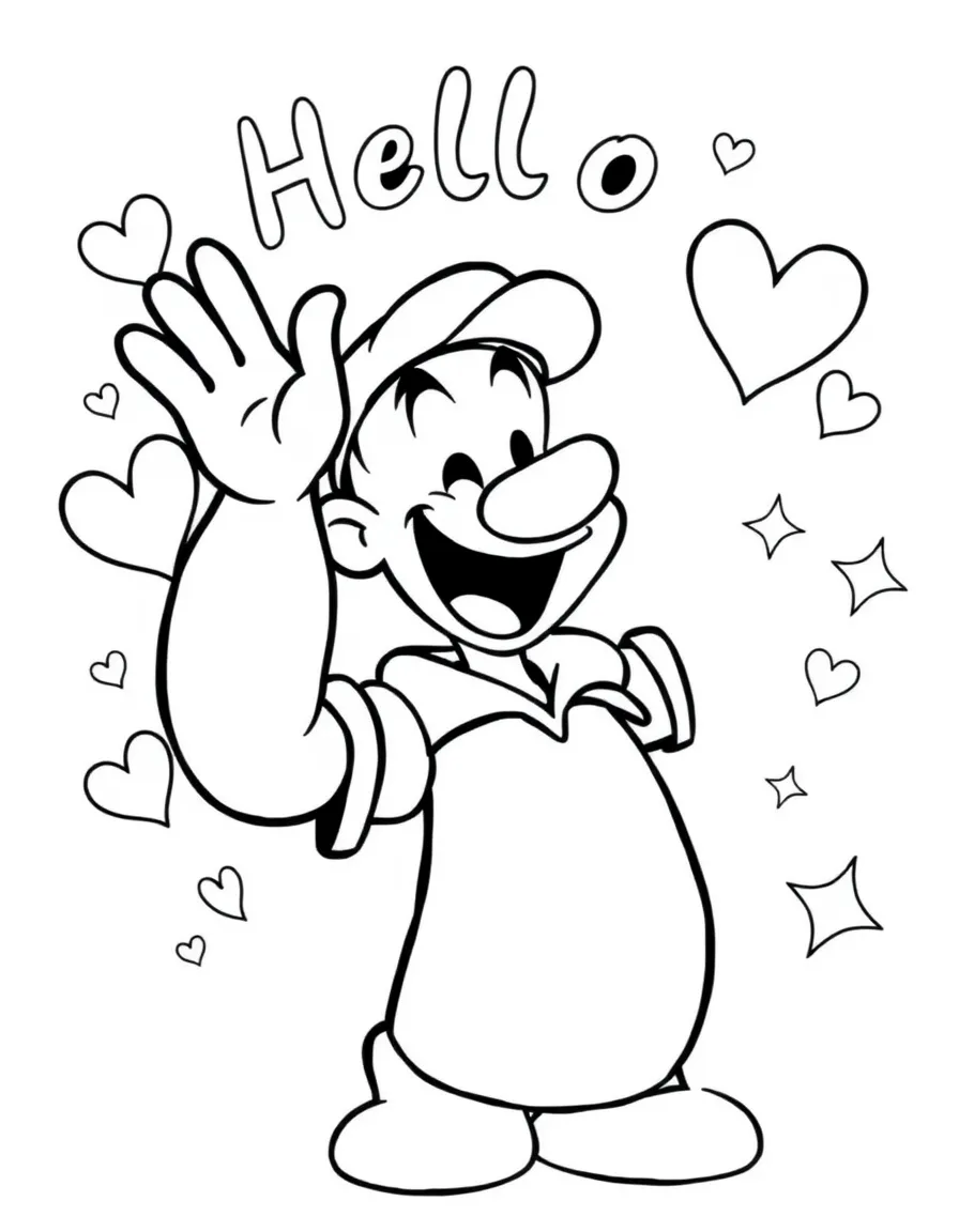 Popeye waving hello, with hearts and sparkles around.