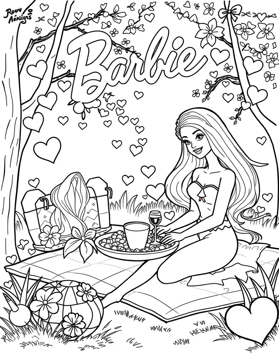 Barbie having a picnic, with hearts and sparkles around.
