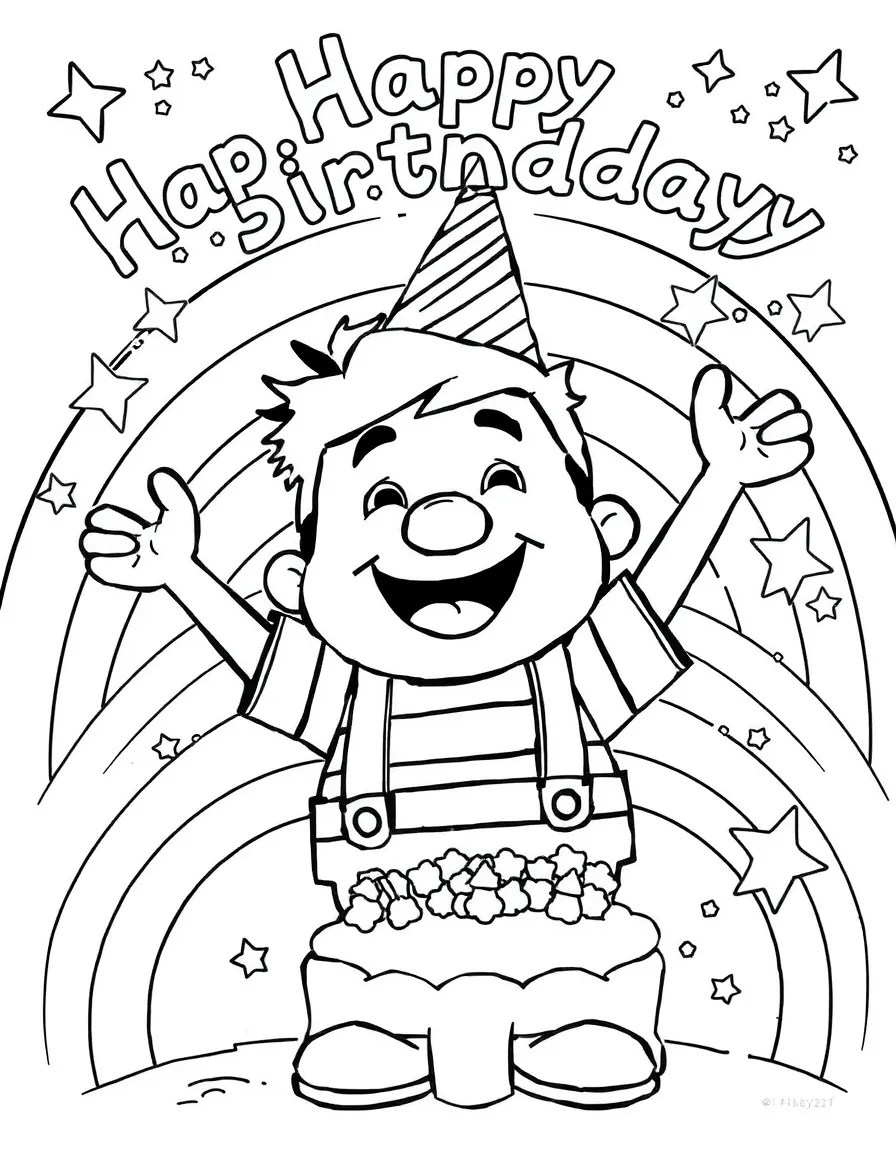 Fred celebrating a birthday, with stars and rainbows in the background.