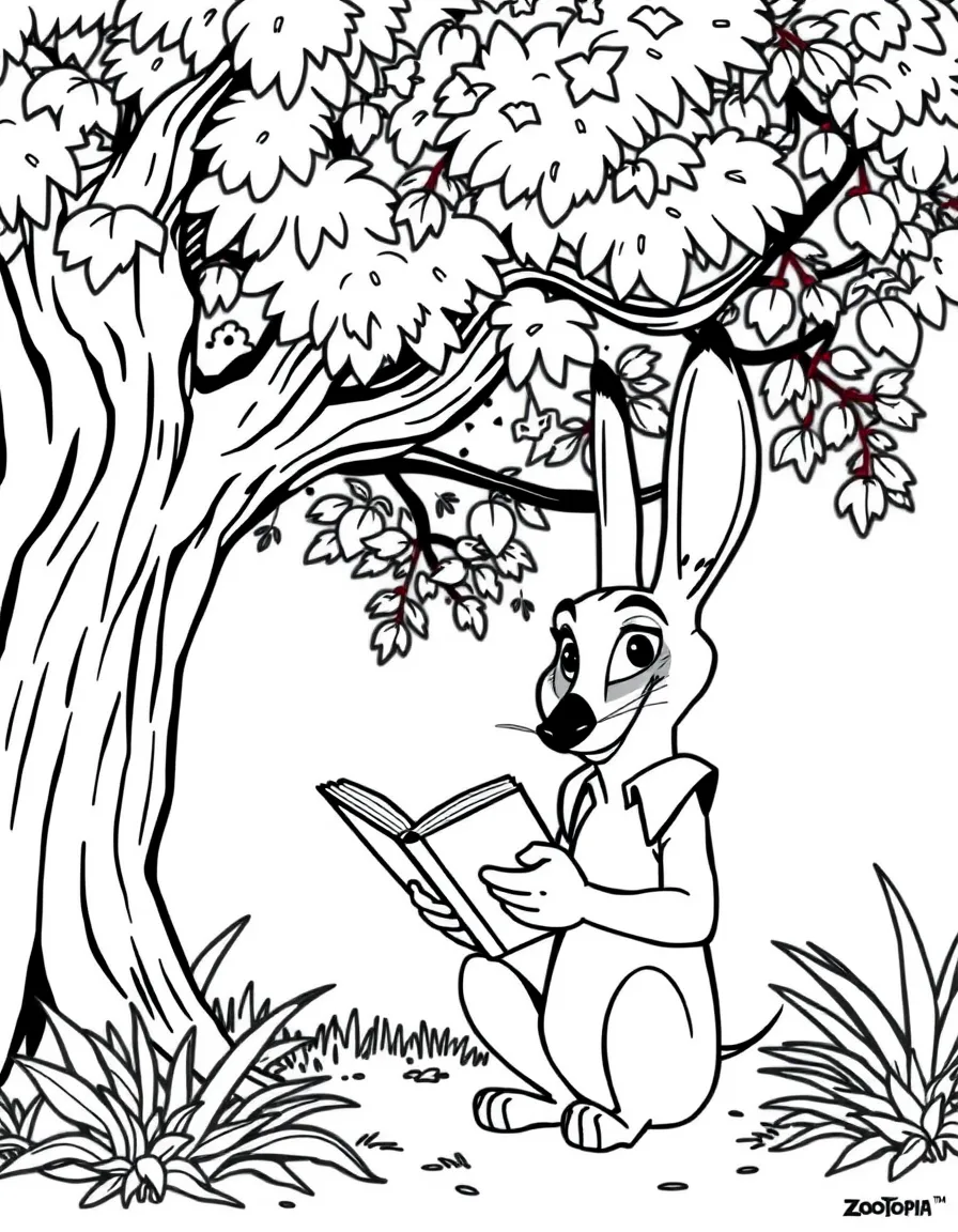 Zootopia reading a book under a tree, with big bold outlines for easy coloring.