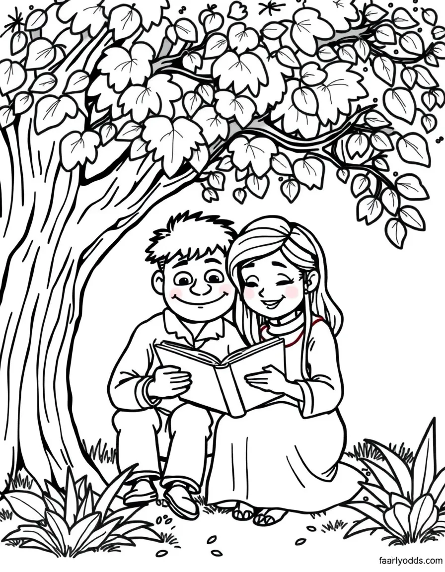 Fairly OddParents reading a book under a tree, with big bold outlines for easy coloring.