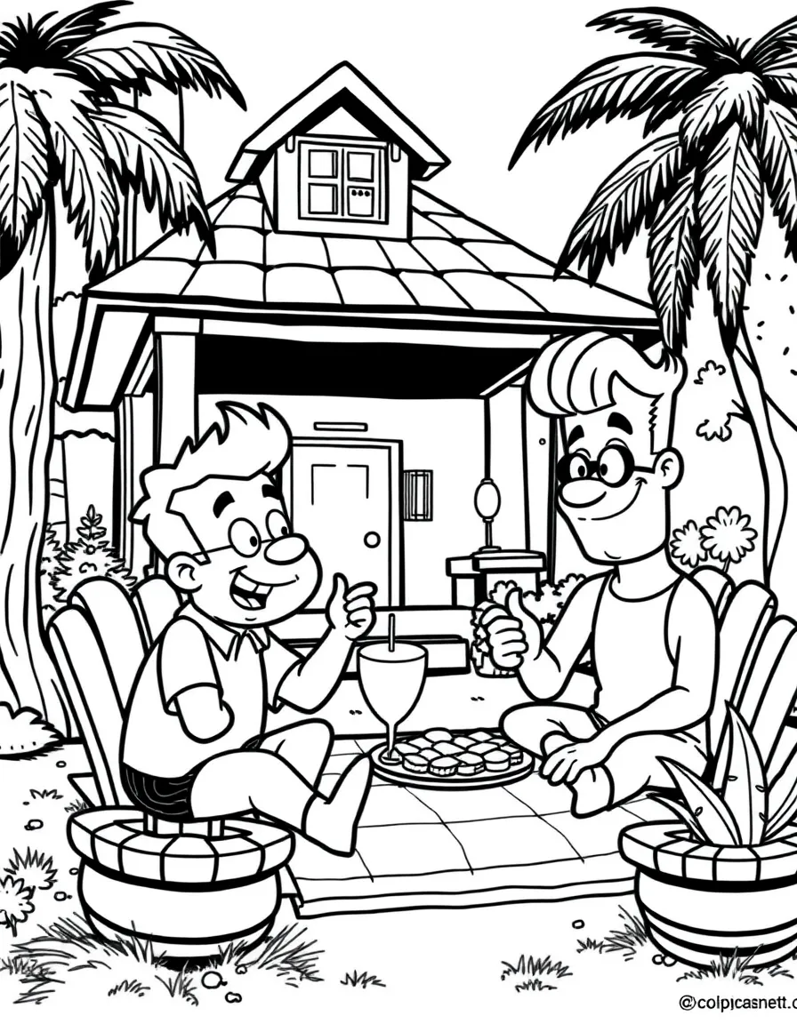 Johnny Bravo having a picnic, in front of their famous house or scene.