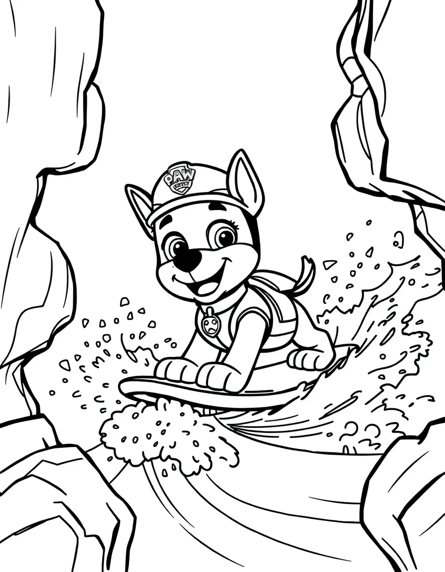 Paw Patrol surfing on waves, inside a comic book frame.