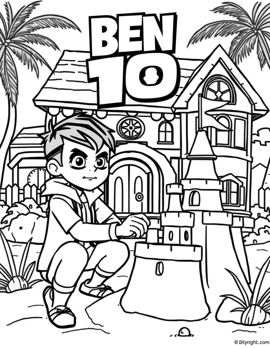 Ben 10 building a sandcastle, in front of their famous house or scene.