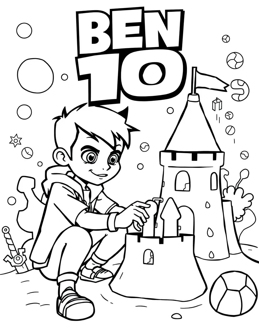 Ben 10 building a sandcastle, with fun background elements.