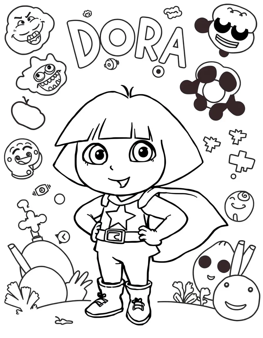 Dora the Explorer wearing a superhero costume, with fun background elements.
