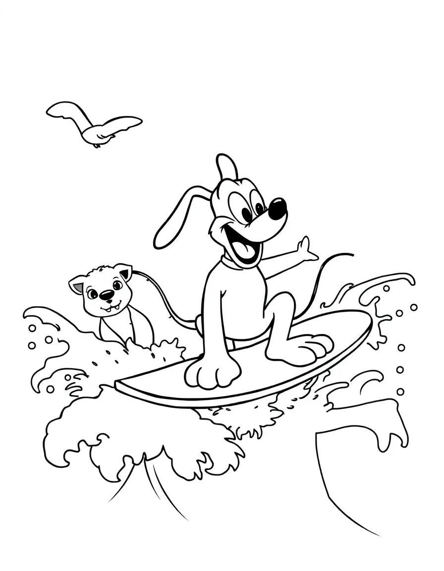 Pluto surfing on waves, surrounded by friendly animals.