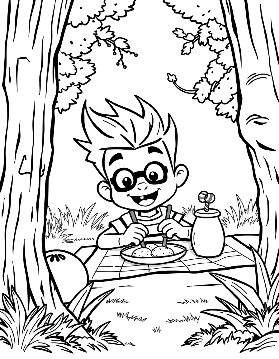 Jimmy Neutron having a picnic, inside a comic book frame.