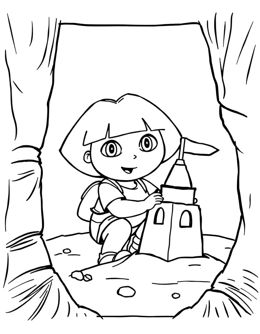 Dora the Explorer building a sandcastle, inside a comic book frame.