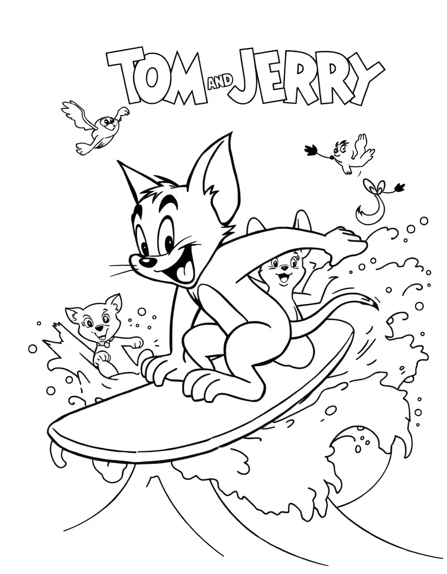 Tom and Jerry surfing on waves, surrounded by friendly animals.