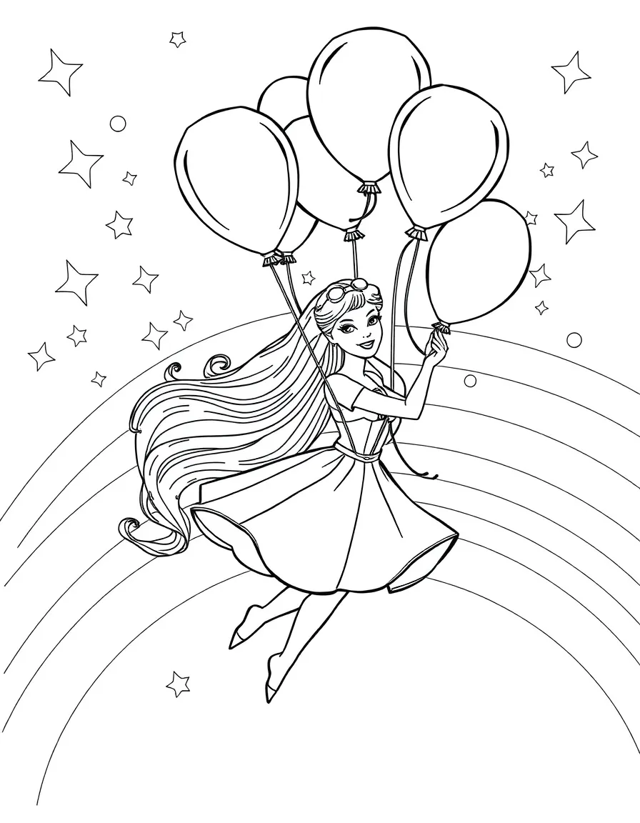 Barbie flying with balloons, with stars and rainbows in the background.